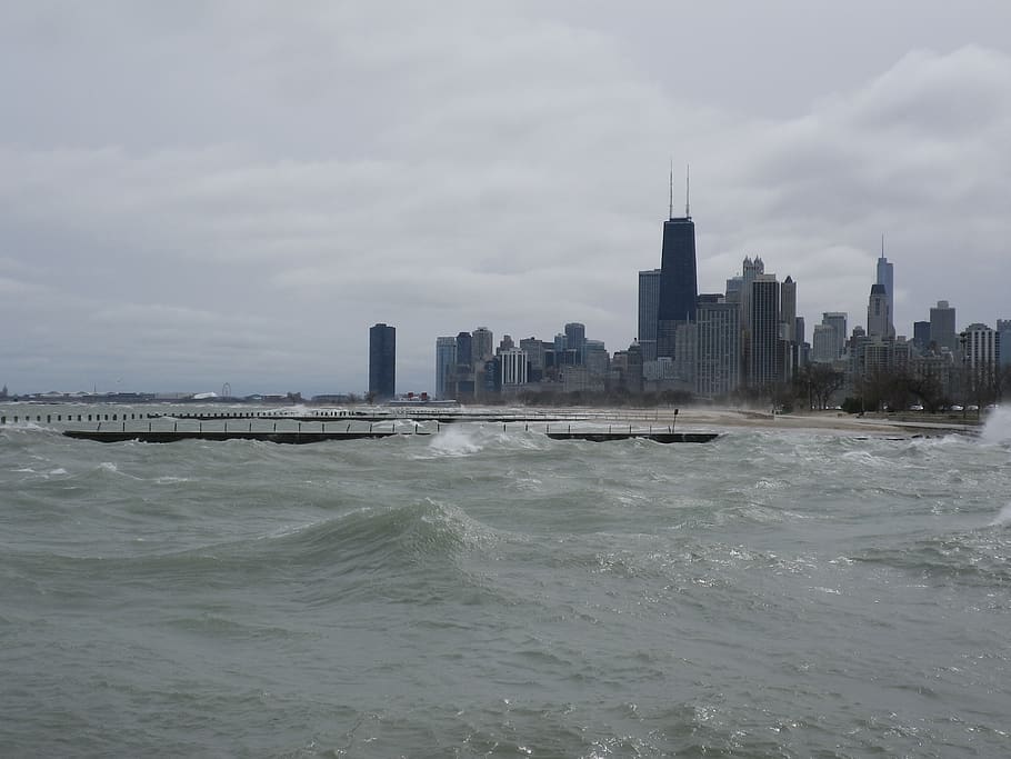chicago, united states, spring, lake michigan, waves, building exterior, HD wallpaper