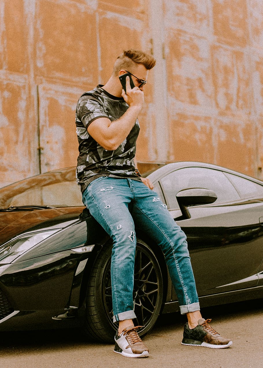 man sitting on car, full length, one person, casual clothing HD wallpaper