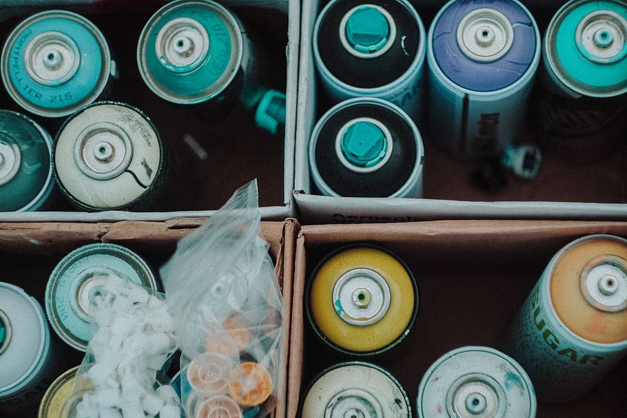 assorted color spray cans in box, large group of objects, choice HD wallpaper