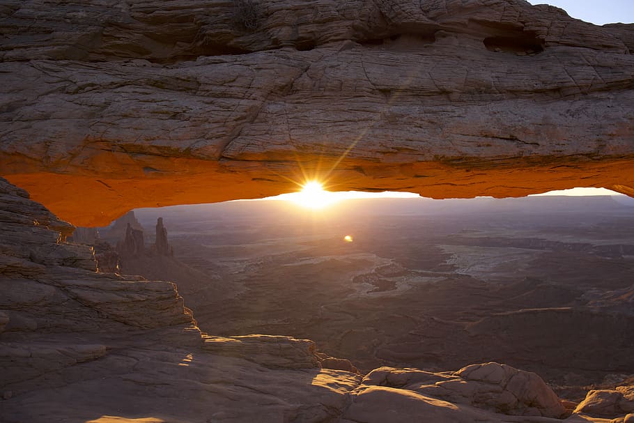 mountain, sun ray, sunset, sunshine, rock, arches, utah, landscape HD wallpaper