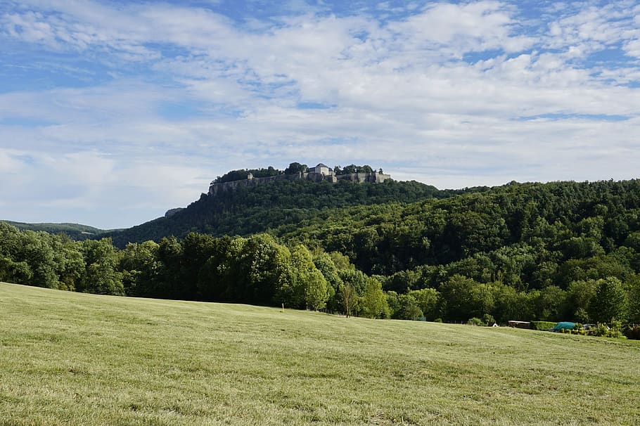 landscape, tree, nature, hill, sky, mountain, field, fortress HD wallpaper