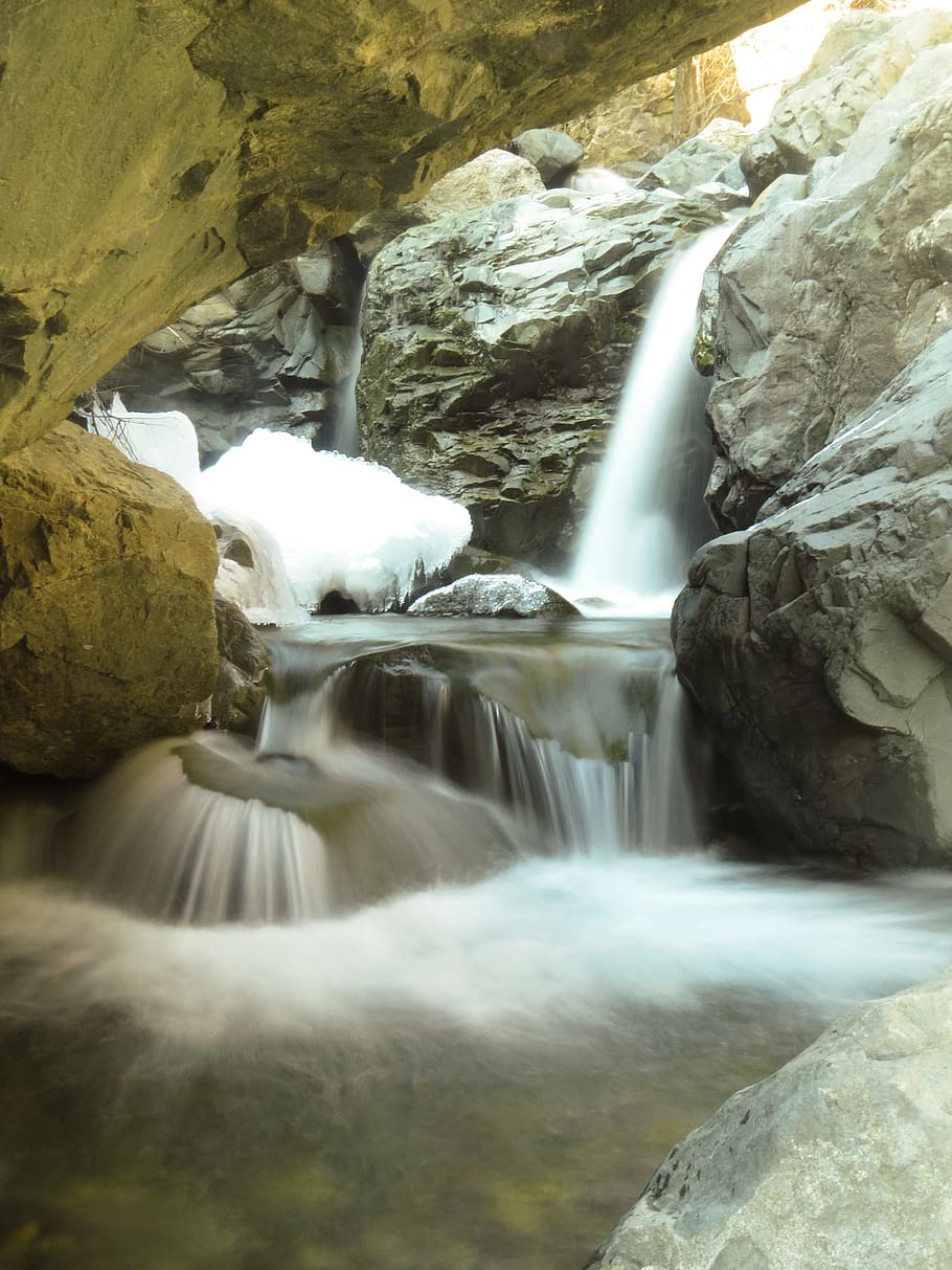 lake, waterfall, long exposure, movement, ice, mountain, winter HD wallpaper