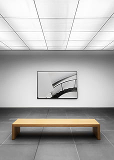 wooden center table in middle of room, wall, bench, art, print HD wallpaper