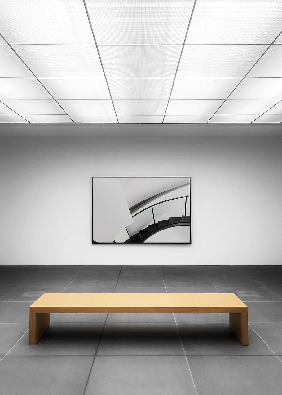 wooden center table in middle of room, wall, bench, art, print HD wallpaper
