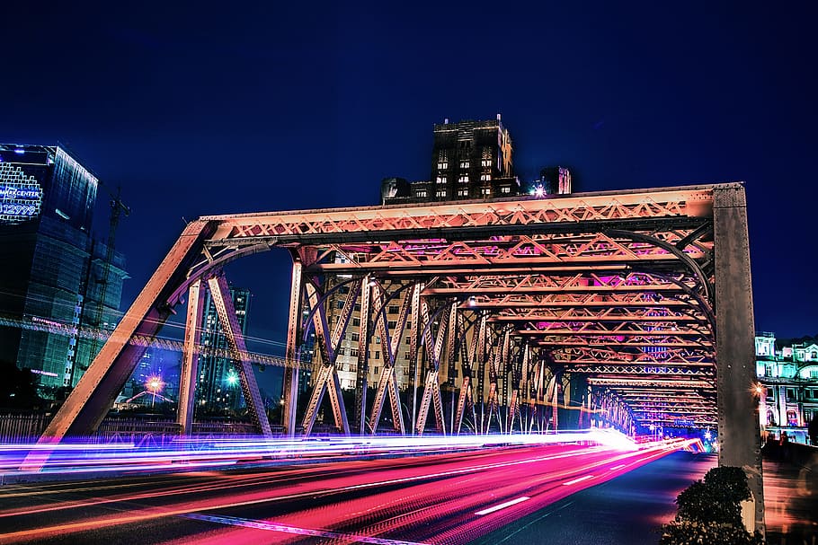 Bridge in Time-lapse Photo, architecture, blur, building, car lights HD wallpaper