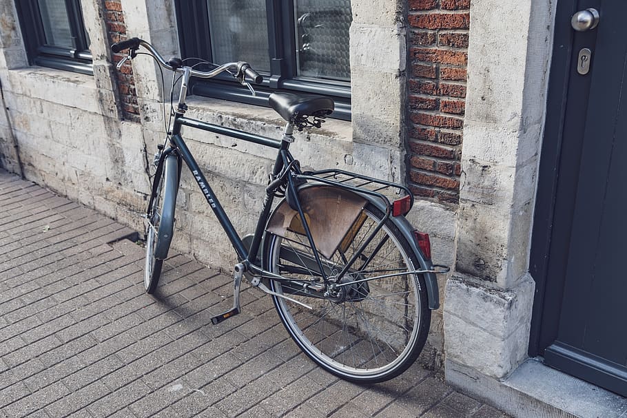 bicycle, footpath, facade, house, brick, street, architecture HD wallpaper