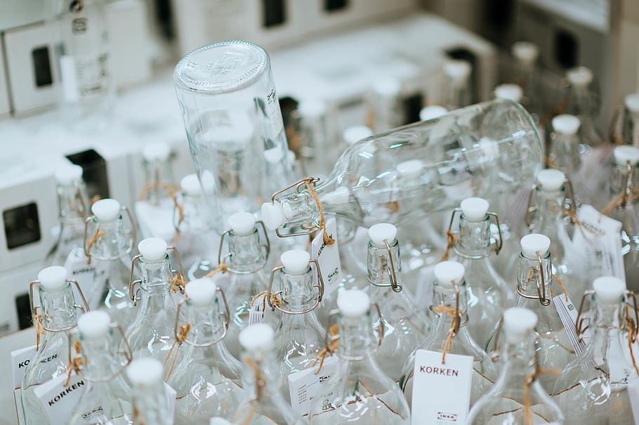 plenty of clear glass bottles with white caps, leisure activities, HD wallpaper