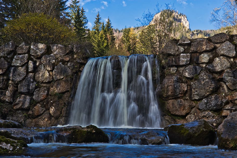 waterfall, long exposure, river, bach, stone, watercourse, hiking, HD wallpaper