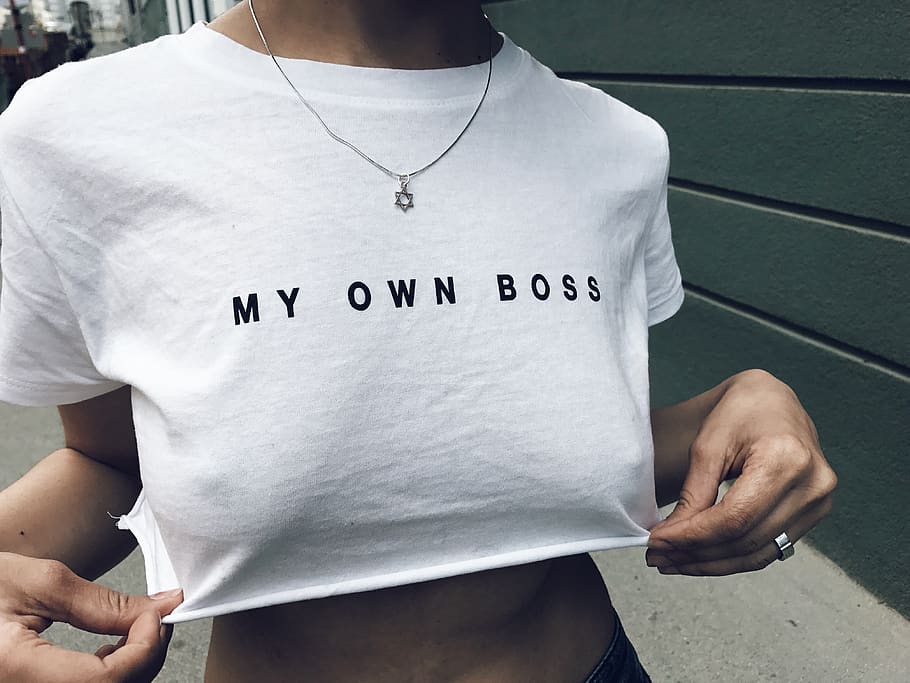 woman wearing white My own Boss printed crop shirt, text, one person, HD wallpaper