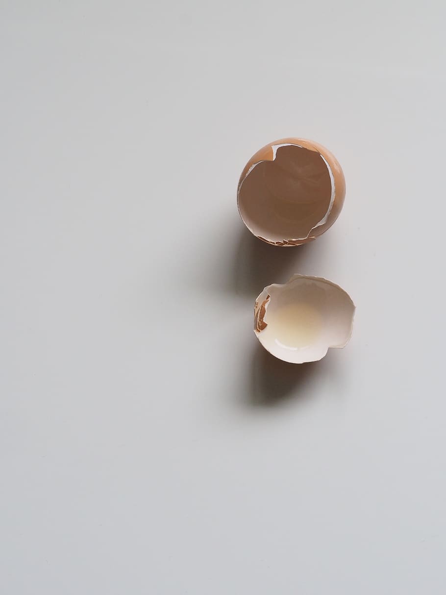Brown Egg Shell on White Surface, eggshell, empty, food, kitchen HD wallpaper