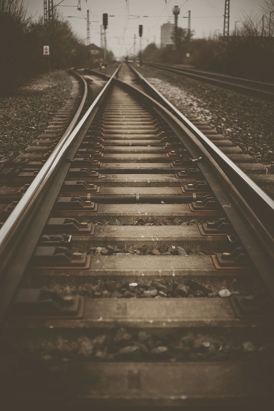 brown railway near posts, track, railroad track, rail transportation HD wallpaper