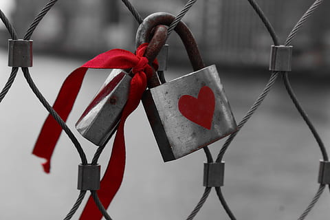 HD wallpaper: Padlock on a wire fence has red heart painted on it and  ribbon attached | Wallpaper Flare