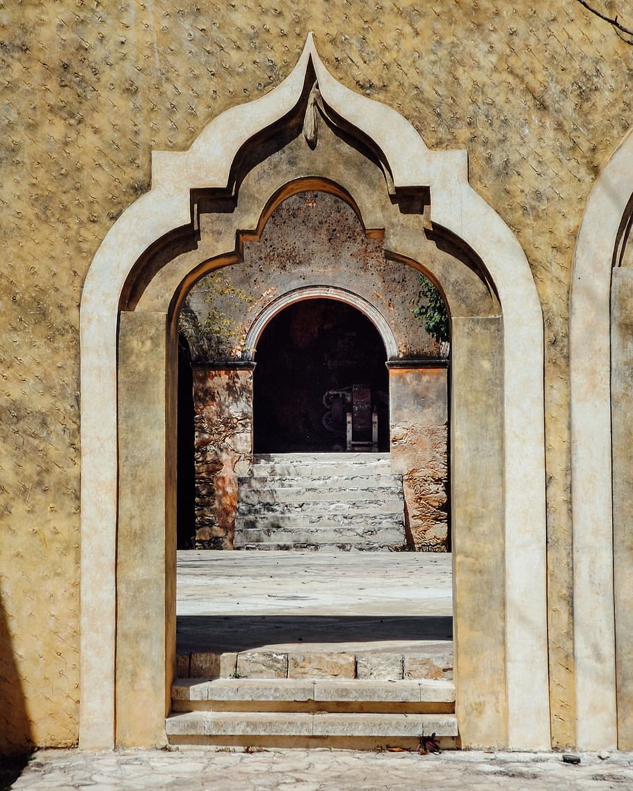 gray concrete front step, corridor, yucatan, crypt, building, HD wallpaper