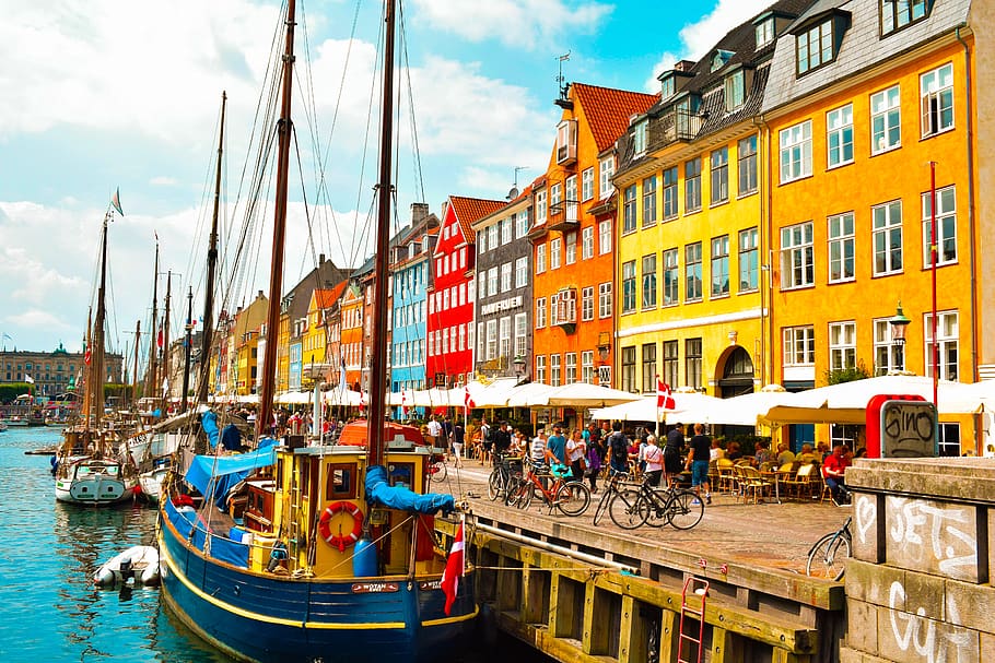 city, copenhagen, denmark, padlock, river, canal, boat, tourists HD wallpaper