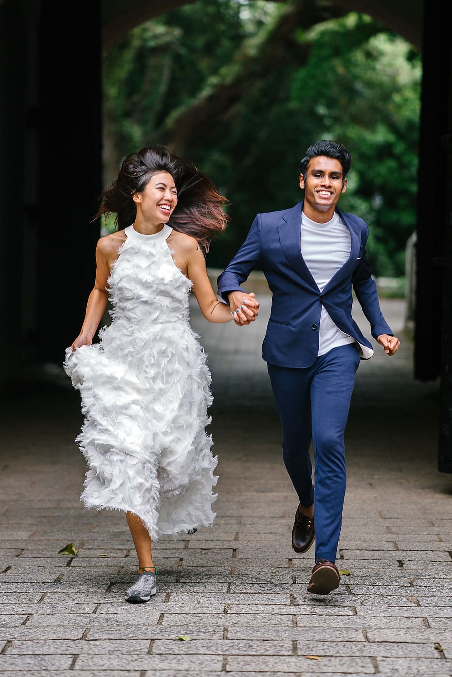 Bride and Groom Running on Concrete Pathway, Asian, Chinese, couple