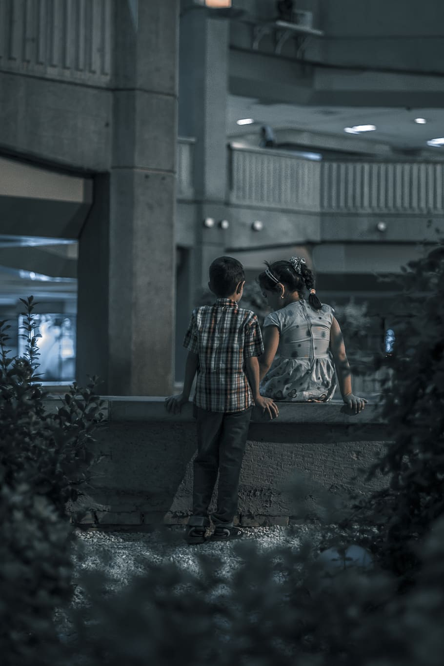 boy and girl near trees, human, person, people, jar, plant, vase