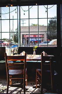 brown and green pub set, restaurant, chair, table, window, window pane HD wallpaper