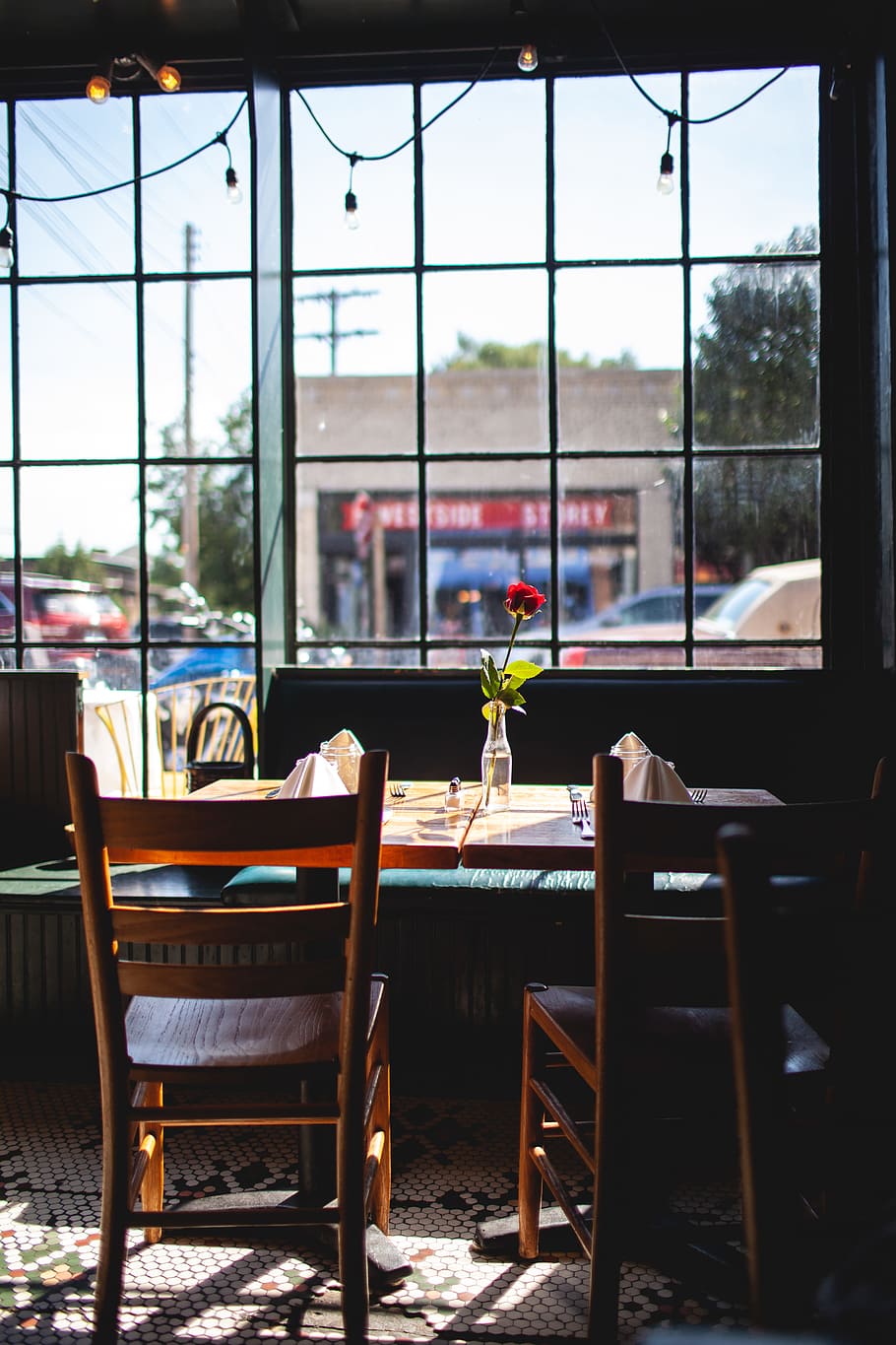 brown and green pub set, restaurant, chair, table, window, window pane HD wallpaper