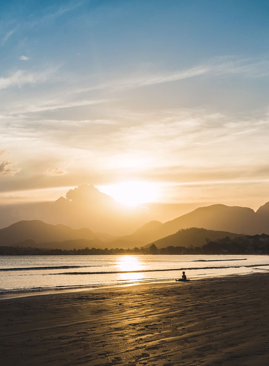 Person Sitting on Beach during Golden Hour, clouds, dawn, evening HD wallpaper