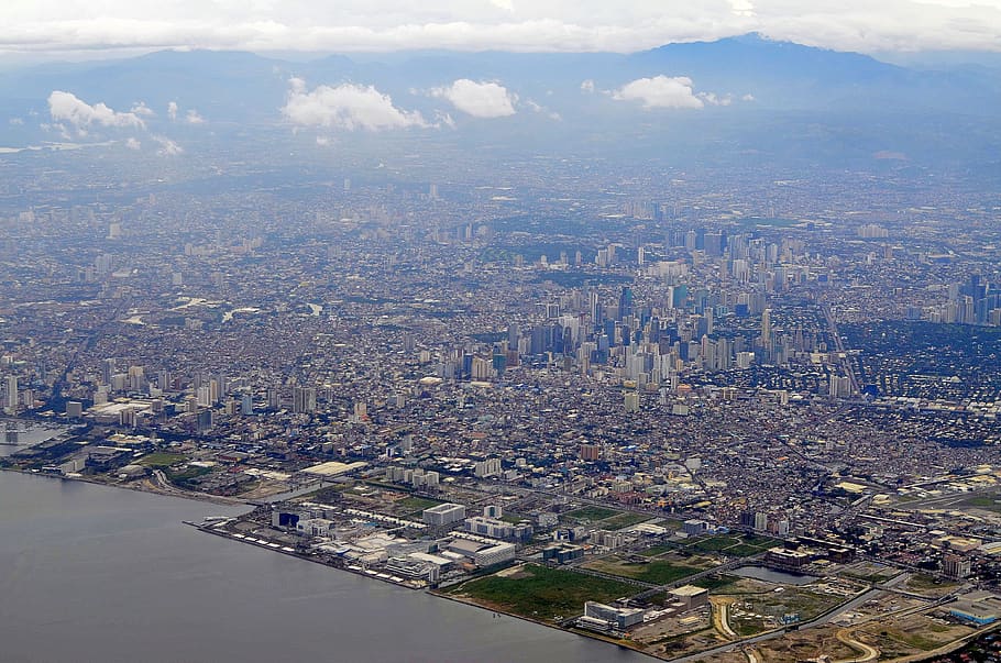 manila, philippines, city, view, plane, urban, sky, skyscraper