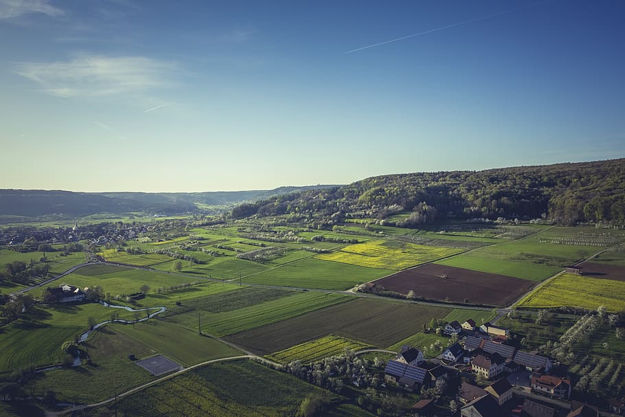Aerial View of Village during Daytime, cropland, farm, fields HD wallpaper