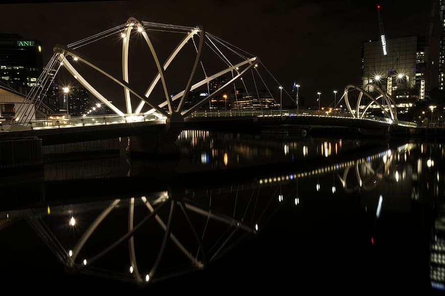 australia, melbourne, night, reflection, still, bridge, river HD wallpaper