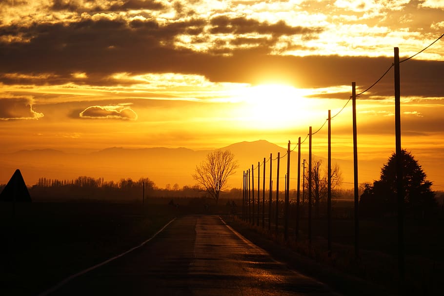 road, sunset, perspective, light, sky, cloud - sky, orange color HD wallpaper