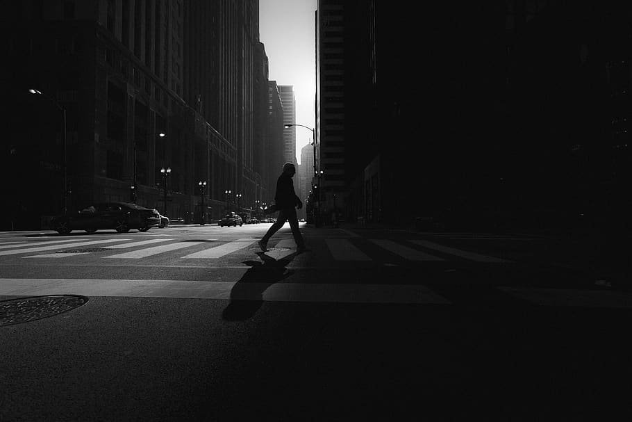 Grayscale Photo of Person Walking on Road, asphalt, black-and-white