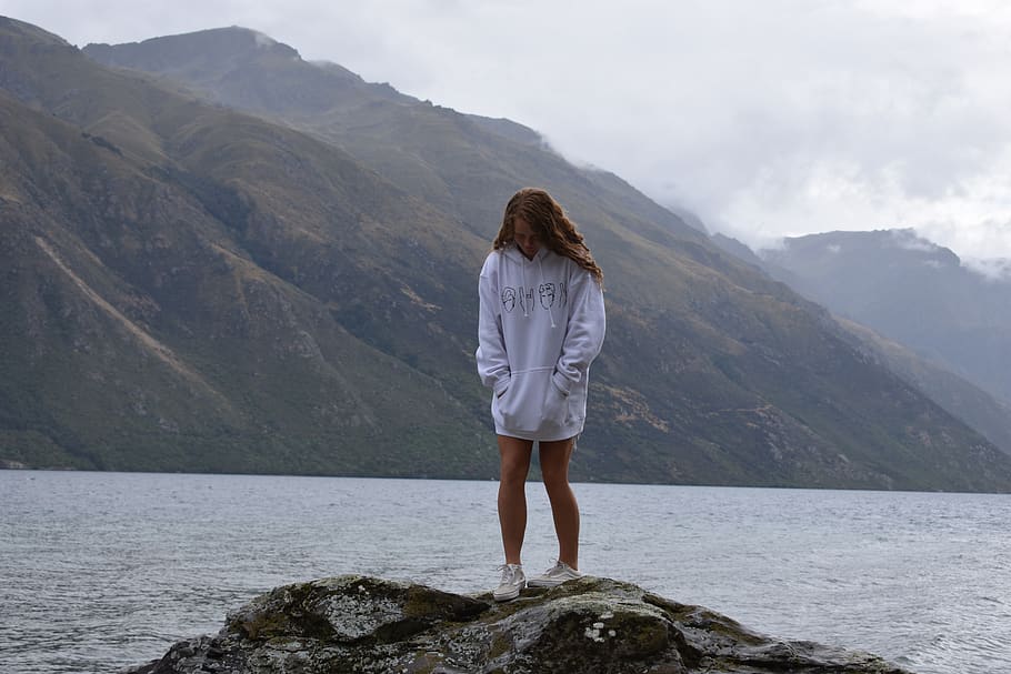 lake, mountain, mist, valley, real people, one person, beauty in nature HD wallpaper