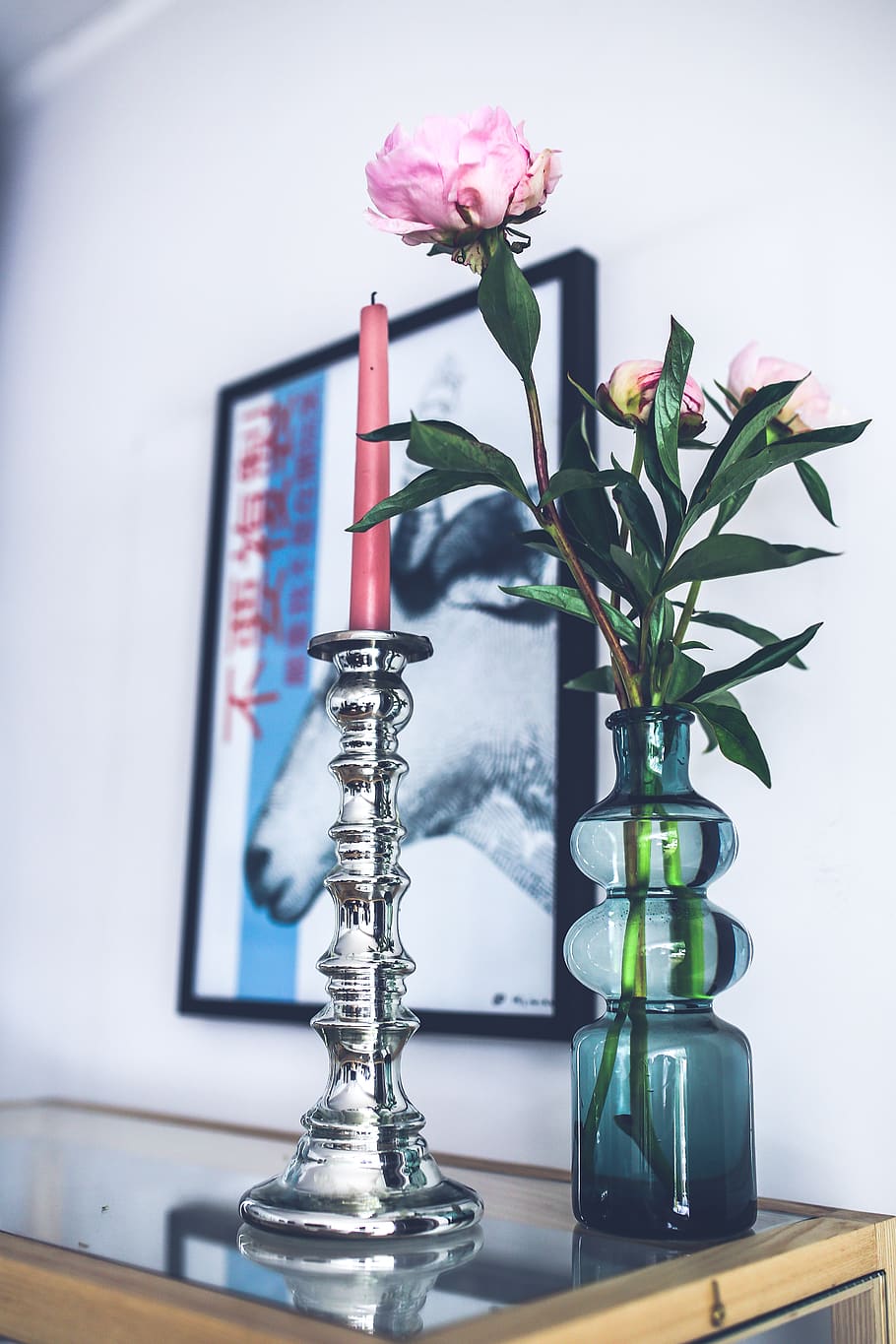 Silver candlestick & pink peonies, bouquet, bright, celebration HD wallpaper