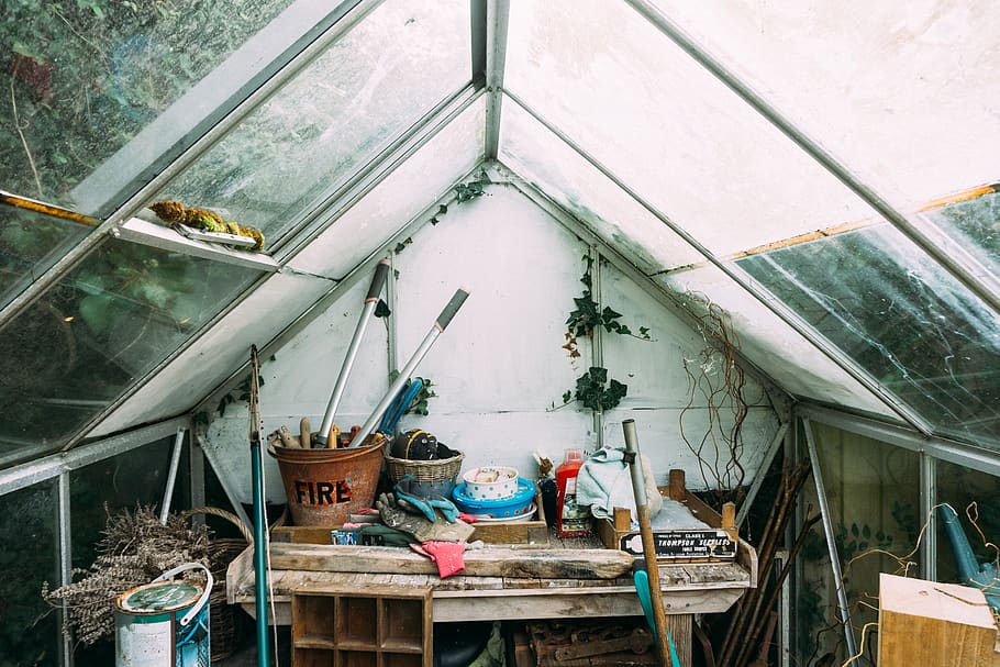 items on top of table, greenhouse, shed, garden, gardening, vintage HD wallpaper