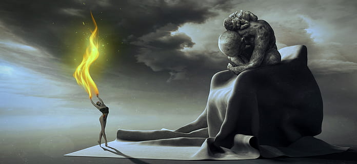 fantasy, dancer, chair, figure, flame, fire, emotion, sky, clouds HD wallpaper