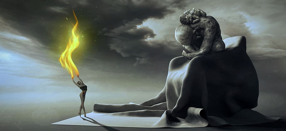 fantasy, dancer, chair, figure, flame, fire, emotion, sky, clouds HD wallpaper