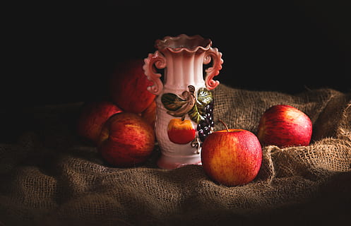 White Vase Beside Apples, 4k wallpaper, black background, burlap HD wallpaper