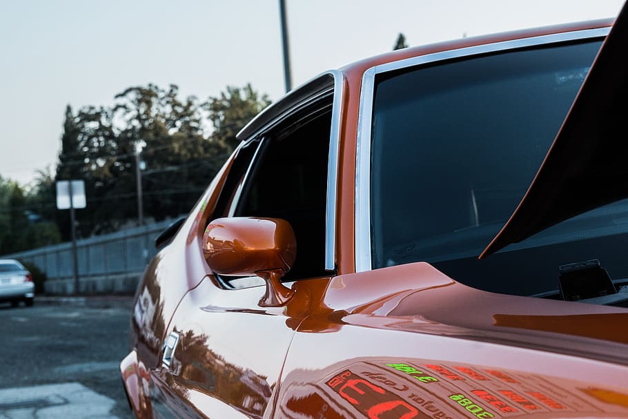 orange coupe, car, vehicle, dessert, chocolate, food, automobile HD wallpaper