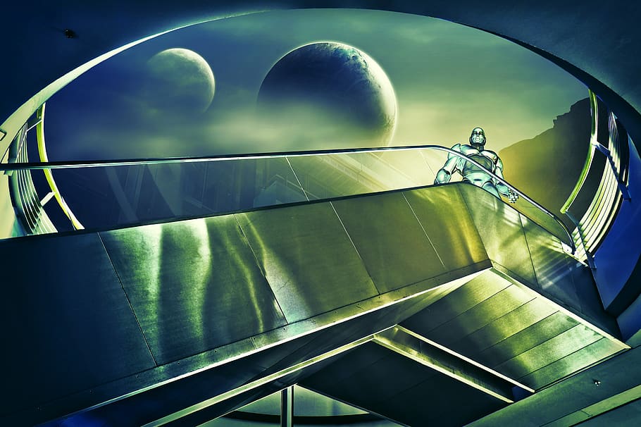 cyborg, building, modern, architecture, stairs, moon, science fiction HD wallpaper
