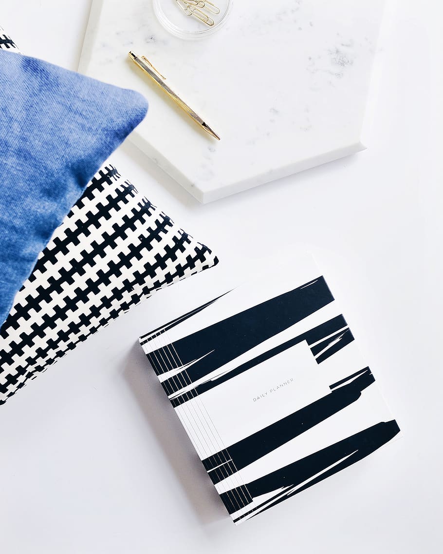 notebook, pen, pillow, white, high angle view, indoors, still life HD wallpaper