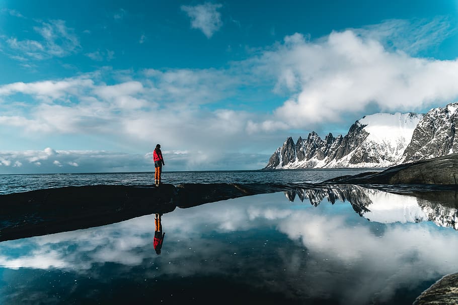 Person on Body of Water, clouds, cold, dawn, daylight, ice, lake HD wallpaper