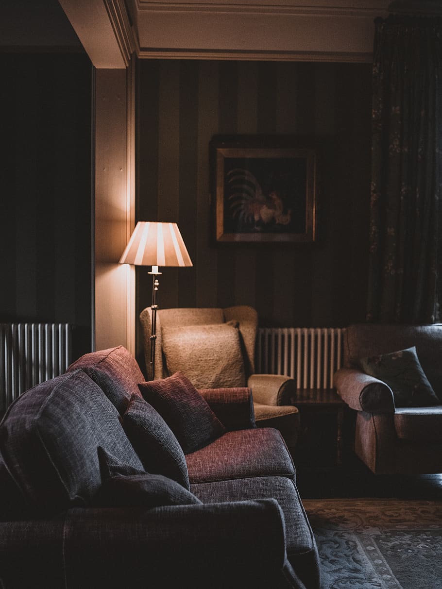 empty gray fabric sofas with turned on floor lamp, furniture HD wallpaper
