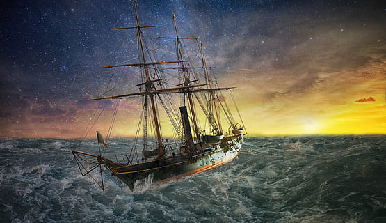 ship, forward, sunset, sea, water, force of nature, wave, storm HD wallpaper