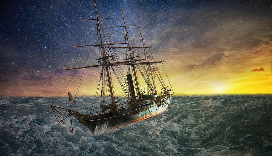 ship, forward, sunset, sea, water, force of nature, wave, storm HD wallpaper