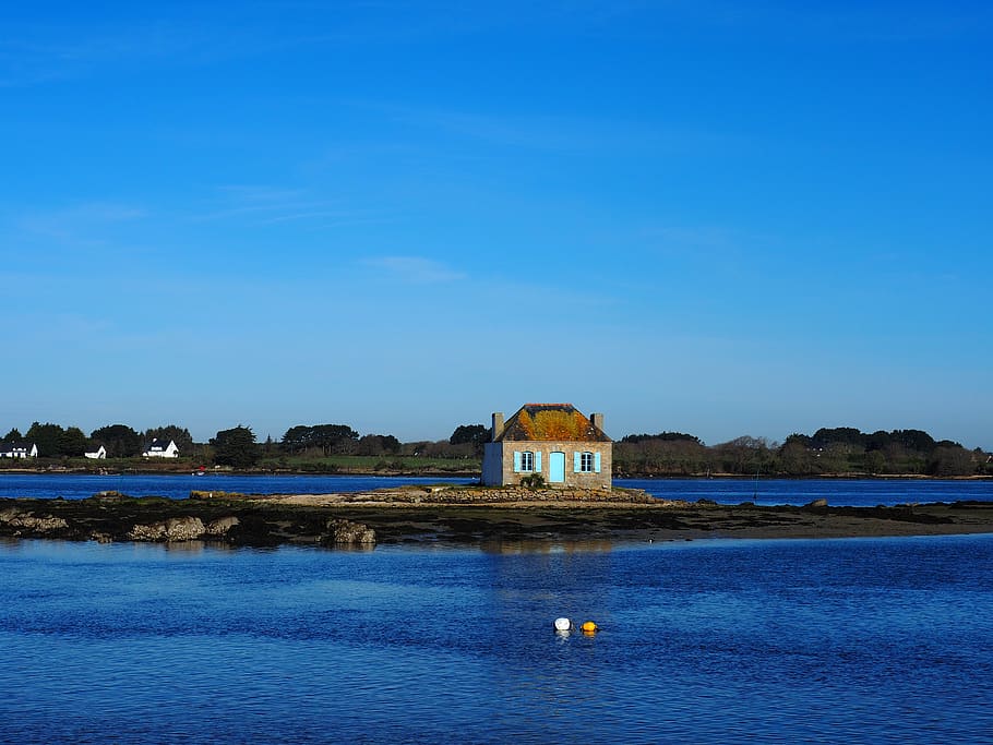 brittany, sky, house, blue, landscape, nature, water, architecture HD wallpaper