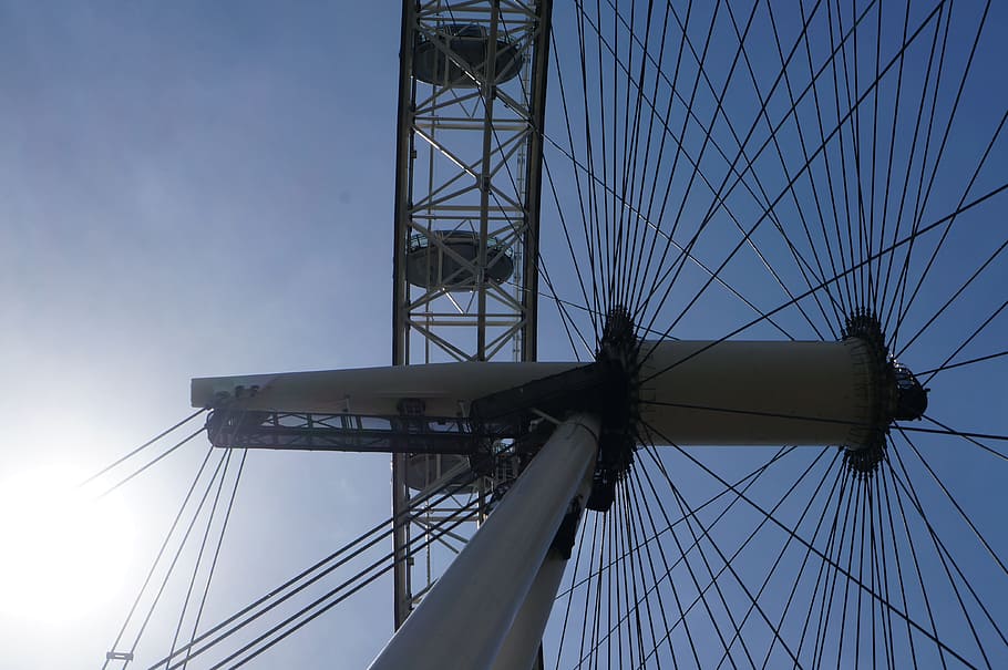 sky, windmill, skyscraper, vehicle, ferris wheel, mast, blue HD wallpaper