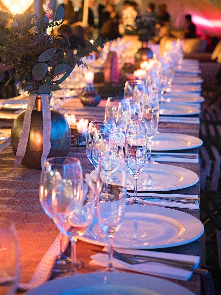 Plates and Wine Glass on Table, banquet, candle, catering, champagne glasses