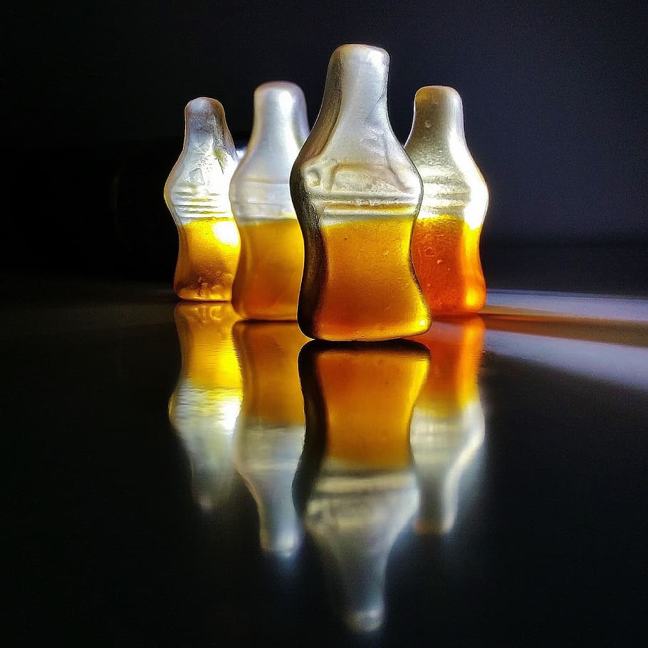 Four Bottles, background image, candies, fruit jelly, gummibärchen HD wallpaper