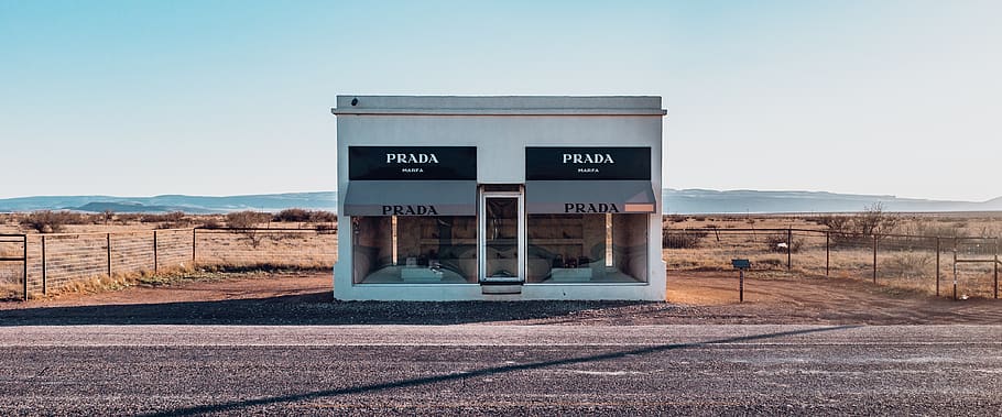 white Prada store facade beside road, shop, united states, prada marfa