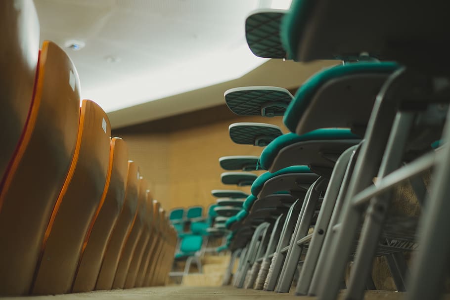 teal and orange empty chairs, in a row, no people, indoors, seat HD wallpaper