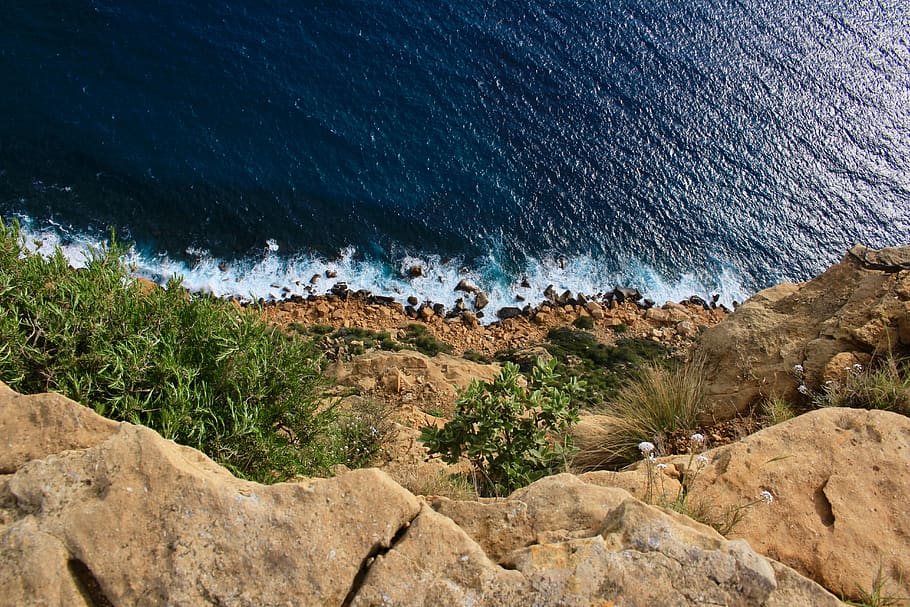 france, cassis, rocks, cliff, above, sea, fromtop, waves, blue HD wallpaper