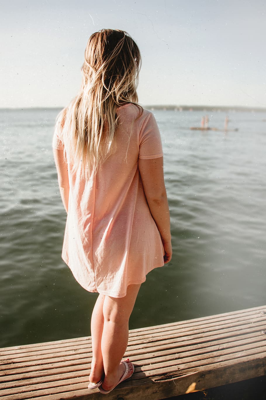 woman standing on dock, water, rear view, leisure activity, one person HD wallpaper