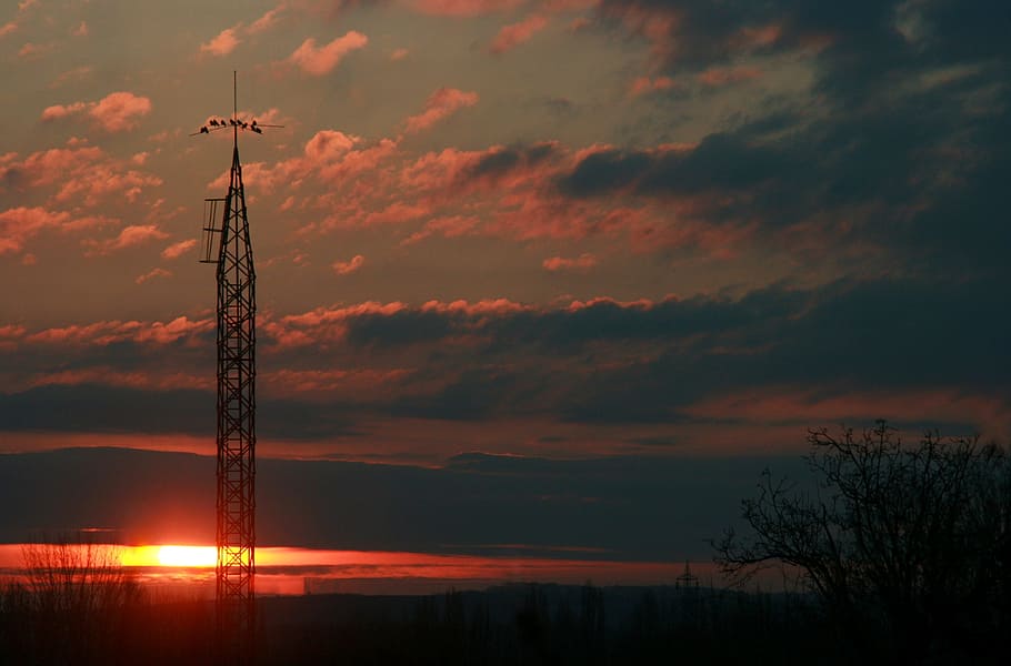 sunset, nature, tower, electricity, dark, sky, cloud - sky HD wallpaper